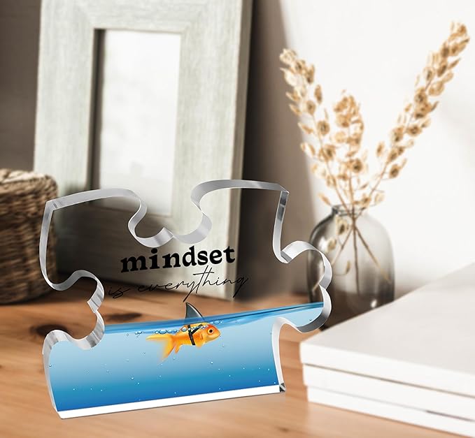 Inspirational Gifts for Friends Coworker, Engraved Acrylic Block Heart Puzzle with Gift Box, Mindset is Everything, 3.9 x 3.3 Inch Engraved Acrylic Office Desk Sign - PT26