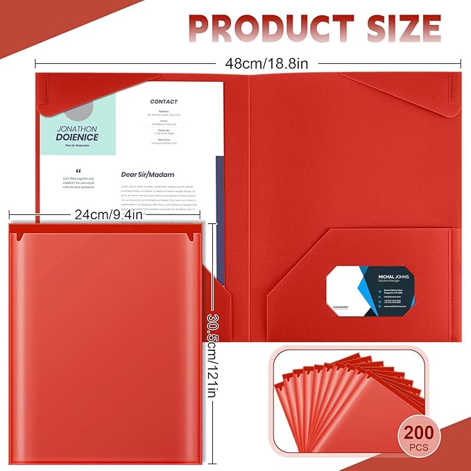 Henoyso 200 Pcs Plastic Folders with Clear Front Pockets Bulk Heavy Duty File Folders with 2 Pockets and Card Slot for Student Teacher Back to School Supplies Office Presentation (Red)