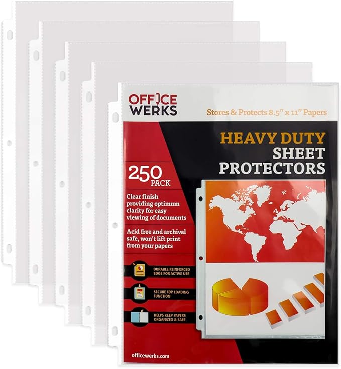 Officewerks 250-Pack Heavy Duty Sheet Protectors | 8.5 x 11 Clear Plastic Page Sleeves | Top Loading Acid Free Archival Safe Binder Sleeves | Reinforced Holes for 3 Ring Binders | Office School Use