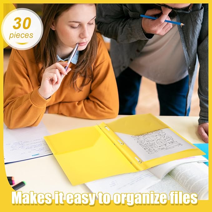 Yeaqee 30 Pcs Plastic Folders with Pockets and Prong Plastic Folders with 2 Pockets Pocket for Office, School for Students, Teachers, Office Workers (Yellow)