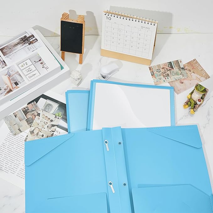 Henoyso 36 Pcs Plastic Folder with Clear Front Pocket and 3 Prong Plastic Folders with Card Slot Pocket Folders with Prongs for School Office (Light Blue)