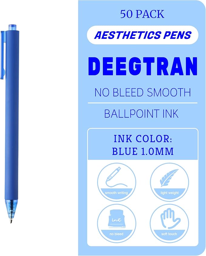 deegtran Pens Bulk, 50 Pack Smooth Blue Ink Ballpoint Pens, Wholesale Retractable Pens, No Bleed Click Pen Medium Point, 1.0MM