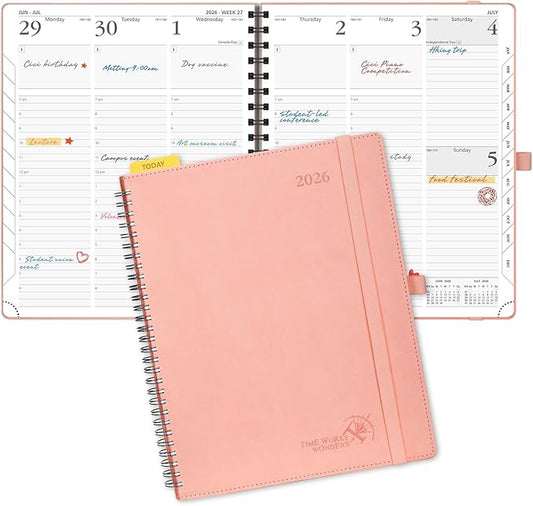 POPRUN 2026 Planner (Large - 8.5" x 10.5") with Hourly Schedule, Vertical Layout - 2026 Weekly Calendar (Jan. 2026 - Dec.2026) for Time Management, Monthly Tabs, Spiral Bound, Soft Cover - Pink
