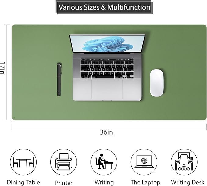 Mouse Pad Desk Protector Mat, Large PU Leather Office Desk Mat, Non-Slip Desk Pad for Keyboard and Mouse, Waterproof Desk Blotter Pad for Writing, Smooth Laptop Desk Pads, Olive Green(17’’X36’’)
