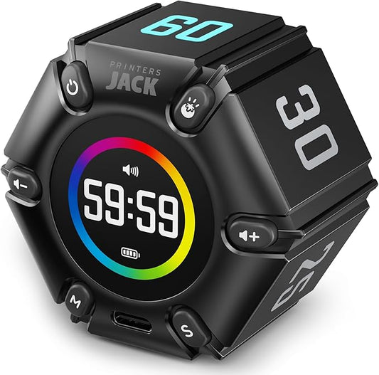 Jack Pomodoro Timer - Productivity Cube, Visual Focus Timer, Mute & Vibration & Adjustable Sound Alert, for Office, ADHD, Study, Work, 3/5/10/25/30/60min & Custom Countdown - Black