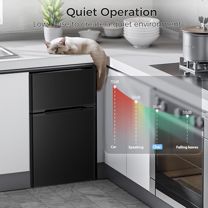 Kismile Mini Fridge with Freezer,3.2 Cu.Ft Compact Mini Refrigerator with Double 2 Door,Adjustable Temperature,Full Size for Home,Kitchen,Dorm,Apartment,Retro Black