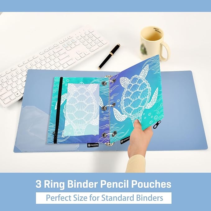 ALAZA Pencil Pouch for 3 Ring Binder, Underwater Sea Turtle Seaweed Print Binder Pencil Pouches with Clear Window Zipper Pencil Case Cosmetic Bags for Office College Supplies, 2PCS