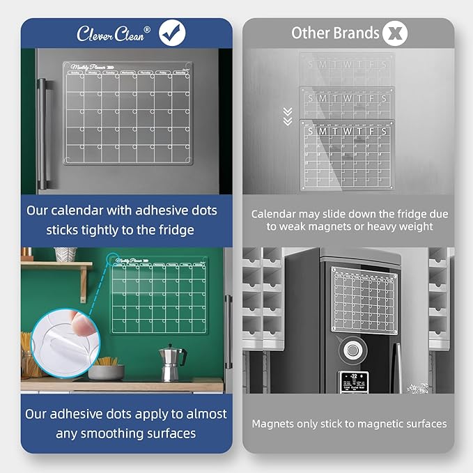 Clear Non-Magnetic Monthly Calendar for Fridge - Dry Erase Transparent Monthly Calendar - Sticks to Wall, Glass, Door, Any Smooth Surfaces