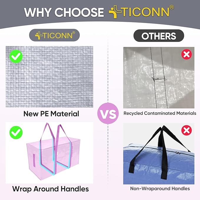 TICONN 8 Pack Extra Large Moving Bags with Zippers & Carrying Handles, Heavy-Duty Storage Tote Moving Boxes for Space Saving (8 Pack, Pink)