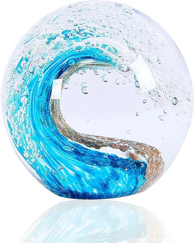 EUSTUMA Hand Blown Glass Figurines Ball Ocean Waves,Office Paperweight Glass for Desk,Home Decor Collectible,Aquarium Decor,Office Decor Ocean Lovers (Waves)
