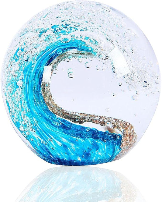 EUSTUMA Hand Blown Glass Figurines Ball Ocean Waves,Office Paperweight Glass for Desk,Home Decor Collectible,Aquarium Decor,Office Decor Ocean Lovers (Waves)