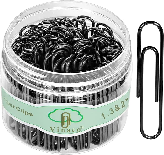 Vinaco Paper Clips Black, 400PCS Medium and Jumbo Paper Clips (1.3 inch & 2.0 inch), Durable & Rustproof, Coated Paperclip Great for Office School and Personal Use(Black)