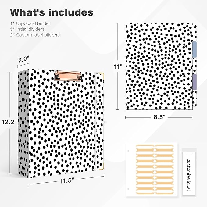 Ospelelf 3 Ring Binder, 2 Inch Letter Size (11" x 8.5") with 5 Tab Dividers, File Folder Labels and Low Profile Clipboards, Polka Dots Binder for School and Office Supplies