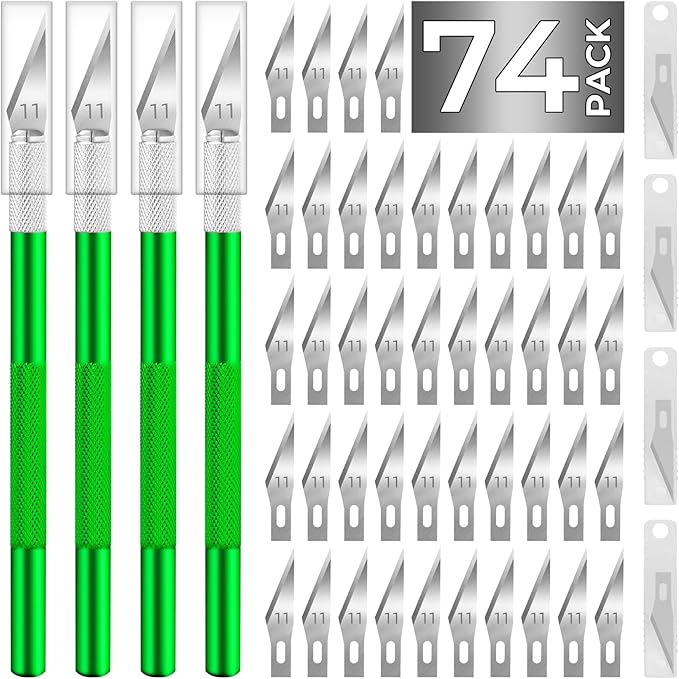JTIEO Exacto Knife,Hobby Knife,74 Pack with 4 Upgrade Sharp Hobby Knives and 70 Spare Exacto Knife Blades for Art, Scrapbooking (Green)