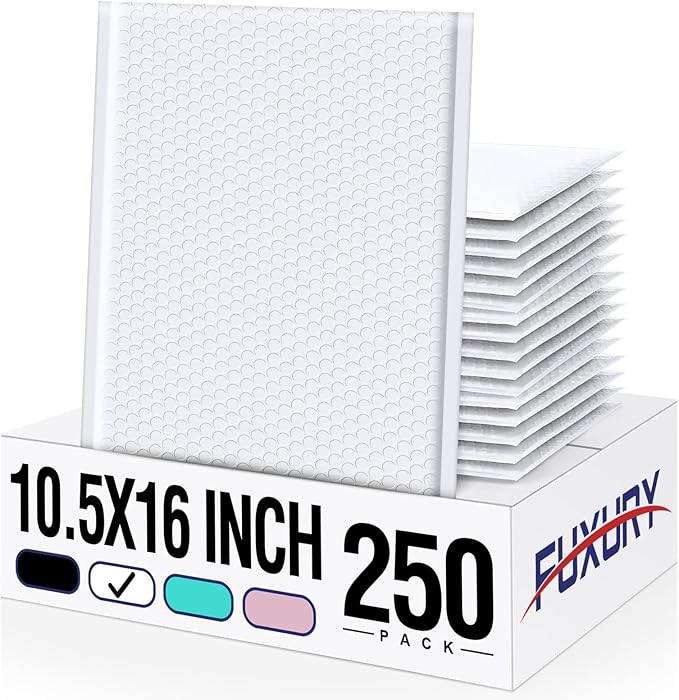 Fuxury 250 Pack White Bubble Mailers 10.5x16 Inch, Self Seal Padded Envelopes Waterproof Mailing Envelopes, Cushioning Padded Mailers, Bubble Bags for Packaging, Small Business Large #5
