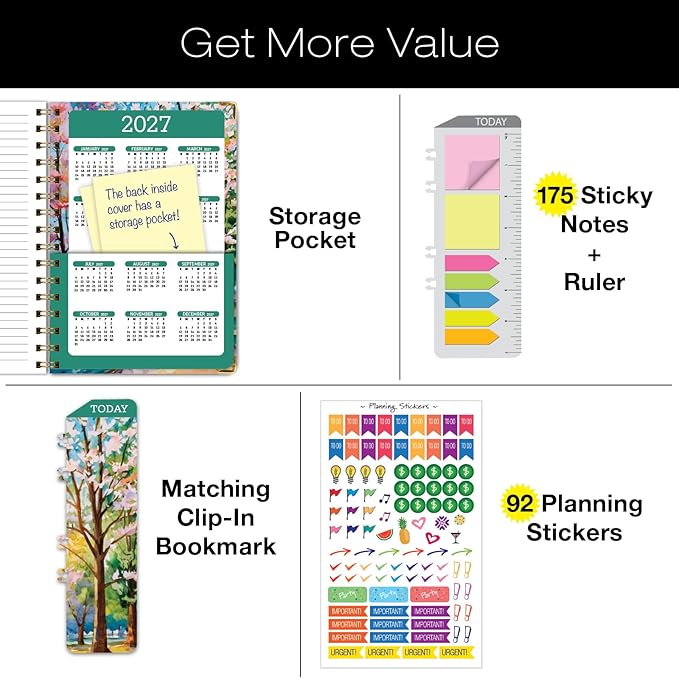 HARDCOVER 2026 Planner, 5.5"x8": 14 Months (November 2025 - December 2026), Daily Weekly Monthly Planner, Yearly Agenda, Bookmark, Pocket Folder and Sticky Note Set (Watercolor Tree)