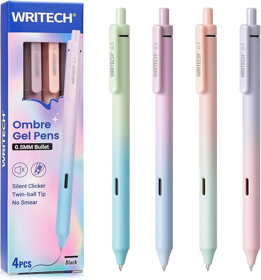 WRITECH Gel Pens Fine Point: 0.5mm Black Ink Retractable 4ct Smooth Writing No Bleed with Aesthetic Gradient Color Pen Barrel for Journaling Note Taking Sketching