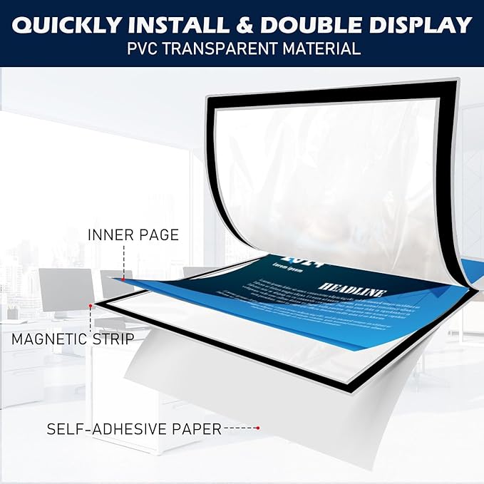 Magnetic Sign Holder - 8.5×11" Wall Mounted Self-Adhesive Magnetic Paper Holder, Transparent Wall Display Picture Frame with Silver Edge, Suitable for Office, Store, Mall, Home (8.5"x11" 12pack)