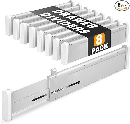 HiYZ Expandable Drawer Dividers - 12.6-22.8'' Adjustable Drawers Organizers for Kitchen Utensils, Drawer Separators in Bedroom, Dresser, Office, Bathroom, Fridge, 8 Pack Long Dividers-Gray