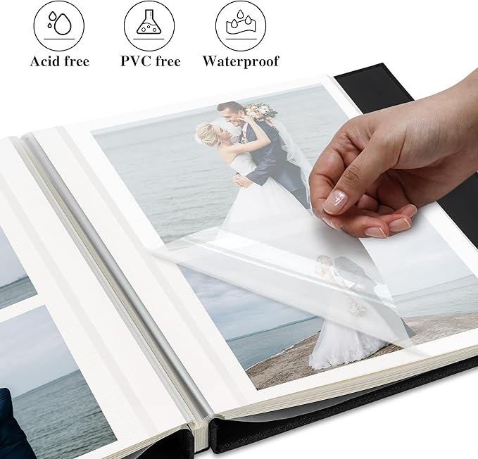 Self Adhesive Photo Album, Black Scrapbook Album with DIY 60 Blank Pages, Wedding Photo Album with A Metallic Pen for 4x6 5x7 2x3 Pictures, 10.6"x11"