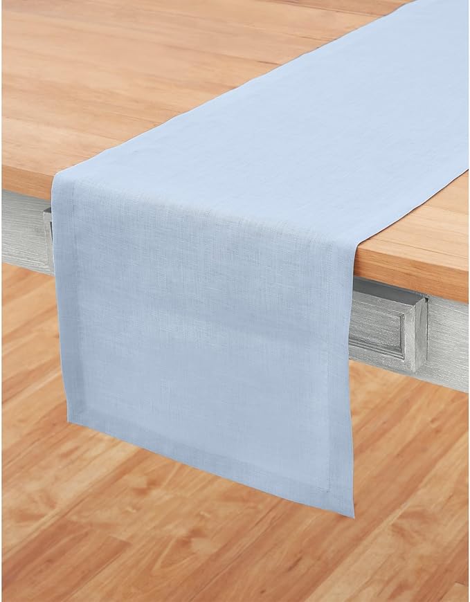 Solino Home Linen Sky Blue Table Runner 48 Inches - 100% Pure Linen Short Table Runner 14 x 48 Inch Ideal for Dresser and Coffee Tables - Fete - Christmas, Holiday