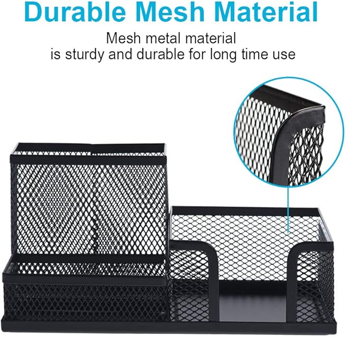 2 Pieces Pen Holder for Desk Mesh Metal Pencil Holders Pen Cup Marker Holder Desk Caddy with Sticky Notes Holder Pen Organizer for Office Supplies Workspace School Home Black
