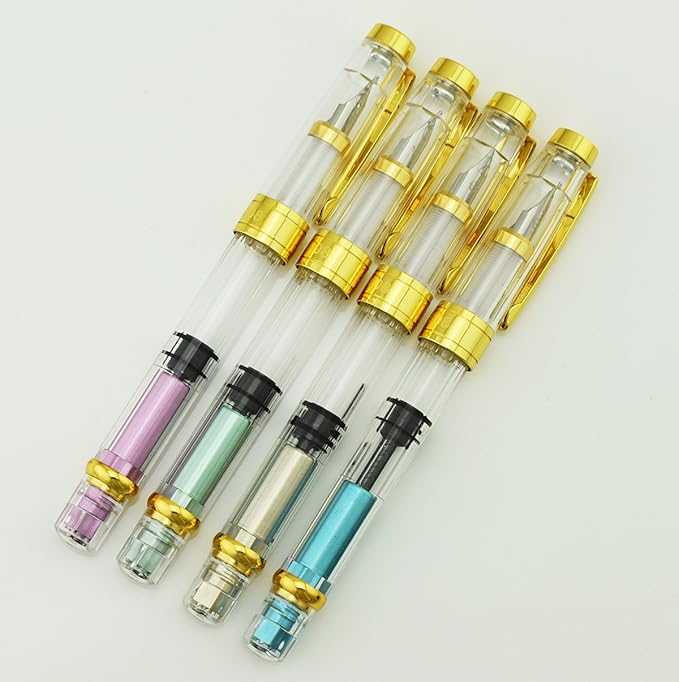 Lanxivi 4 PCS Yongsheng 3008 Piston Fountain Pen Fine Nib Transparent Diversity Color Gold Trim Set