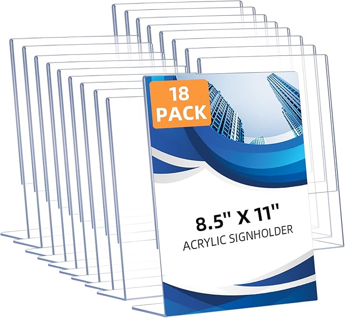 18 Pack Acrylic Sign Holder 8.5 x 11, Clear Plastic Display Stands for Tabletop, L-Shape Acrylic Stands for Flyers, Documents, Office, Restaurants, Vertical Sign Holder 8.5x11 for Desktop