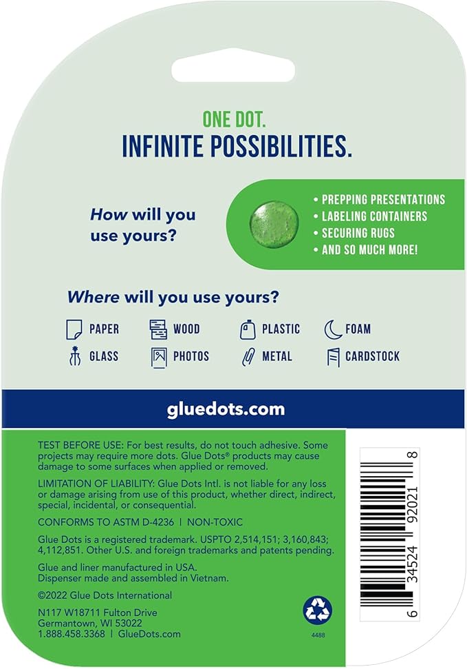 Glue Dots, Dispenser for everyday uses, 6-pack, 750 total dots, 3/8", .375 Inches, Movable, Repositionable, Multi-Functional, Label Containers, Glue Stick and Tape Alternative, Clear