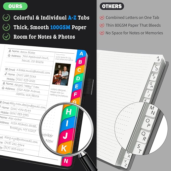 Address Book with Colorful Alphabetical Tabs (4.7" X 6.2") – Telephone Address Contact Book for Seniors, Address Book with Space for Website Address and Internet Passwords (Black)