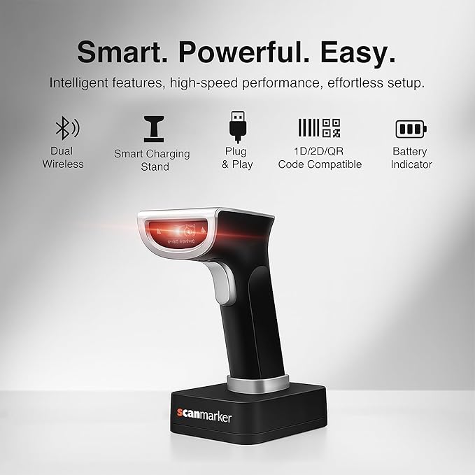 Scanmarker 1D/2D Wireless Barcode Scanner – Boost Speed & Accuracy with Bluetooth & 2.4G Modes – Handheld QR Code Scanner with Charging Stand for Easy scanning on Laptop, iOS & Android
