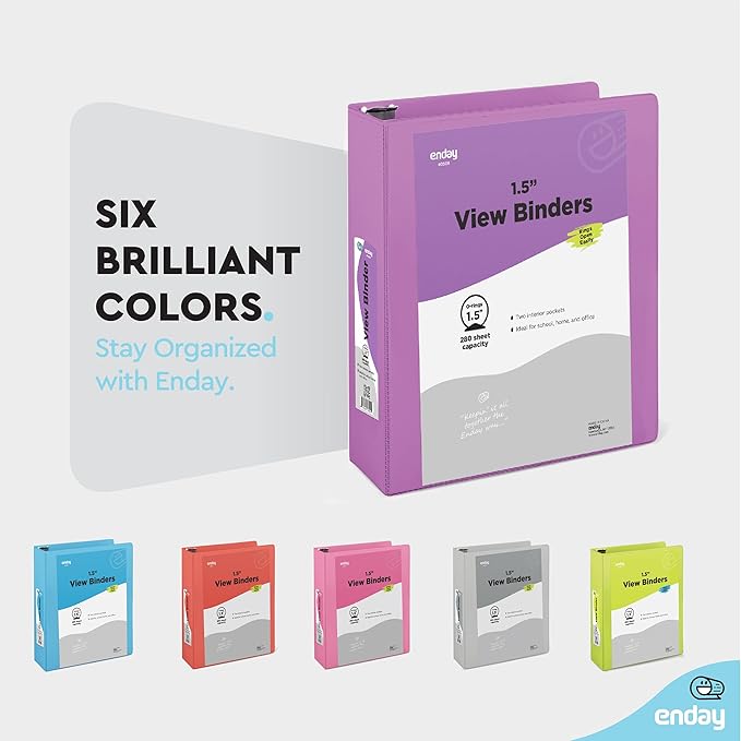 3 Ring Binder Purple, 1.5 Inch Clear View Cover with 2 Inside Pockets Binder, Colored School Supplies 1 ½ Inch Round Ring Binders, Also Available in Red, Blue, Pink, Green, and Grey (6 PC) – by Enday