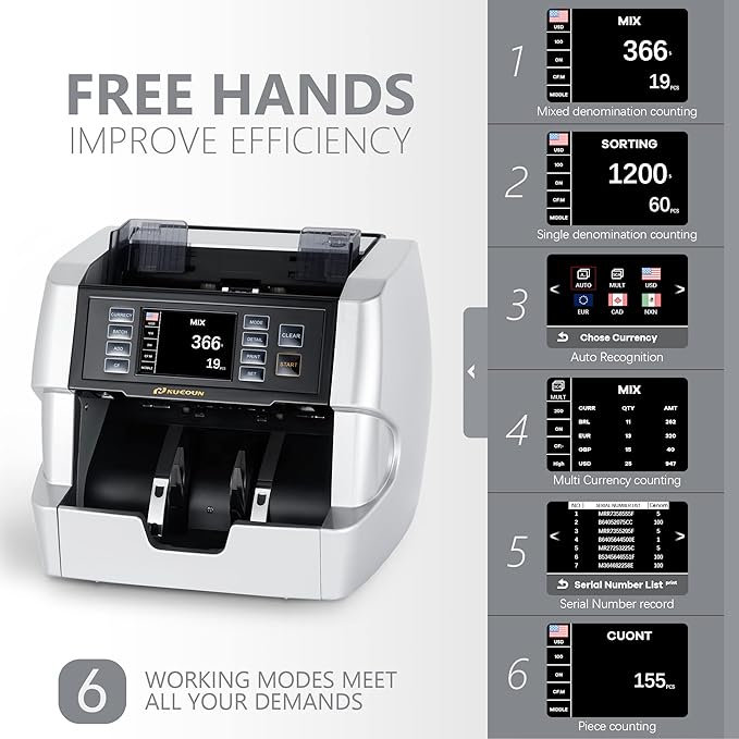 NUCOUN VC-7S Silver Bank Grade Money Counter Machine Mixed Denomination Value Counting Serial Number Multi Currency Enabled 2CIS/UV/IR/MG/MT Counterfeit Detection Cash Bill Value Counter