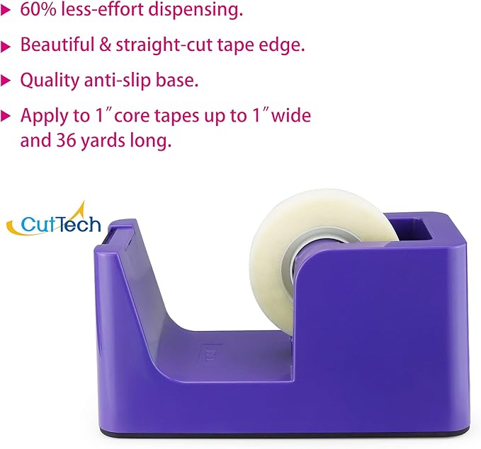 ABEL SimpleWork Desktop Tape Dispenser, Purple, 1 in Core, Non-Skid Weighted Base, Tape Cutter for Office, Home, School, and Crafts
