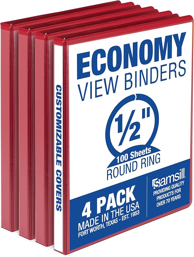 Samsill 0.5 Inch 3 Ring Binder, Made in USA, Economy Round Ring, Clear View Cover, 100 Sheet Capacity - for School, Home, Office - Red, 4 Pack