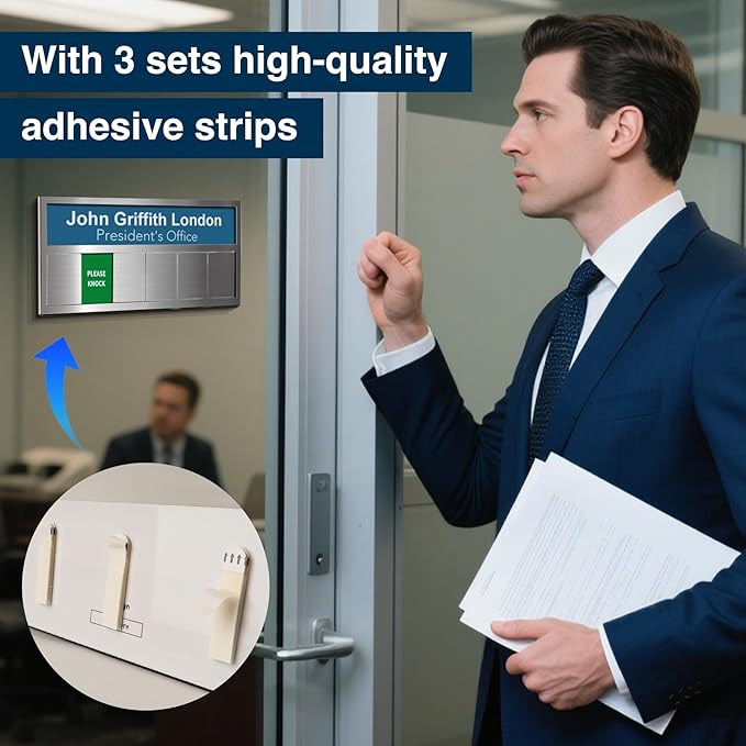 Name Plate for Desk& Office Door Sign, 6 Options Do Not Disturb, In A Meeting, Out of Office, Working Remotely, Please Knock, Stick or Stand with Desk Name Plate, Black no icon