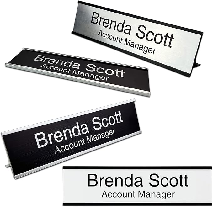 2" x 10" Personalized Aluminum Name Plates, Custom Office Desk or Wall Name Plates with Two Lines of Custom Texts, Three Name Plate Colors Silver, White, Black, Holders are Optional