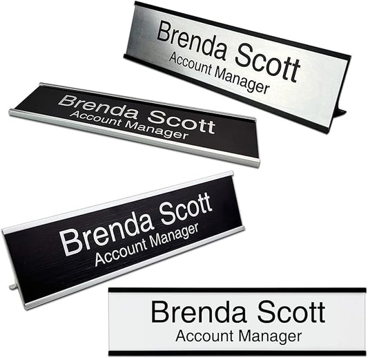 2" x 10" Personalized Aluminum Name Plates, Custom Office Desk or Wall Name Plates with Two Lines of Custom Texts, Three Name Plate Colors Silver, White, Black, Holders are Optional