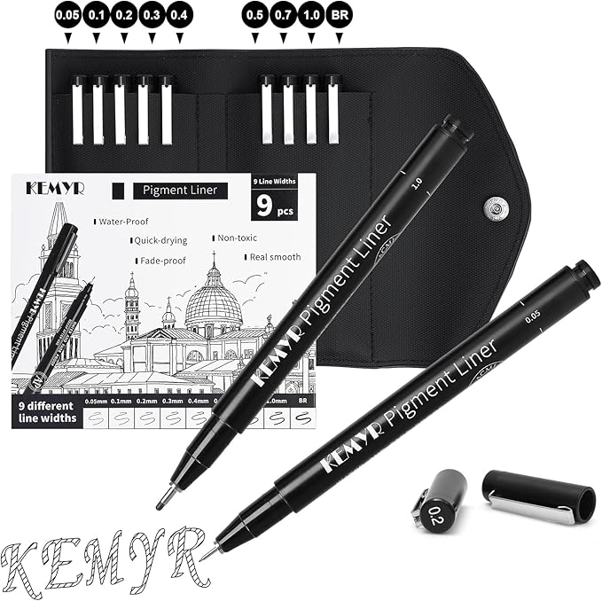 9 Micro Fine liner Drawing Art Pens Calligraphy Pens: 0.05mm-BR Size Black Art supplies Waterproof Archival Black Ink Markers For Artists,Use for Professional Watercolor,Sketching