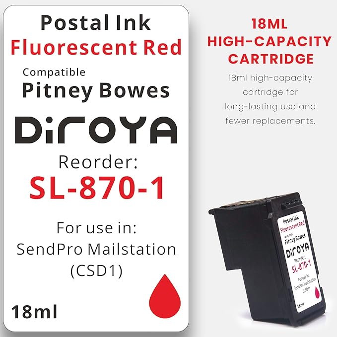 SL-870-1 Ink Cartridge 18ML High Yield Replacement for Pitney Bowes SendPro Mailstation Fluorescent Red Postage Ink (CSD1) (2 Pack)