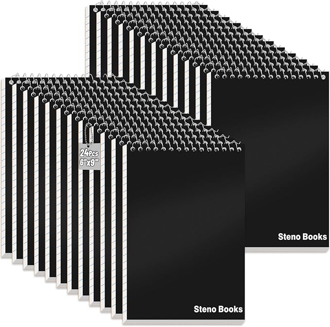 24 Pack Steno Pads 6 x 9 in Spiral Top Notebooks Bulk Note Pads 60 Sheets Gregg Rule Writing Paper Steno Notebooks for Students Teachers Men Women Professionals Office School Recording work(Black)