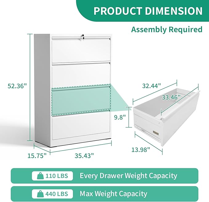 4 Drawer Lateral File Cabinets,White Metal Lateral Filing Cabinet for Home Office,Wide Steel Storage Cabinet Commercial Drawer for Legal/Letter/A4 Size Files