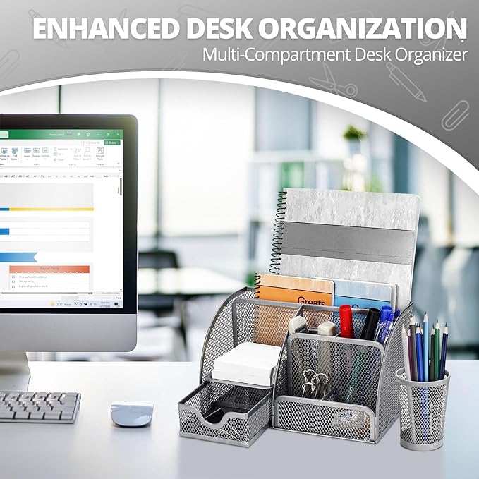 Flexzion Desk Caddy Organizer Set (Silver Gray) - Metal Mesh Desktop Caddy with Drawers, 6 Compartments, and Pencil Holder for Women & Men - Desktop Organizer and Storage for Work or Office Supplies