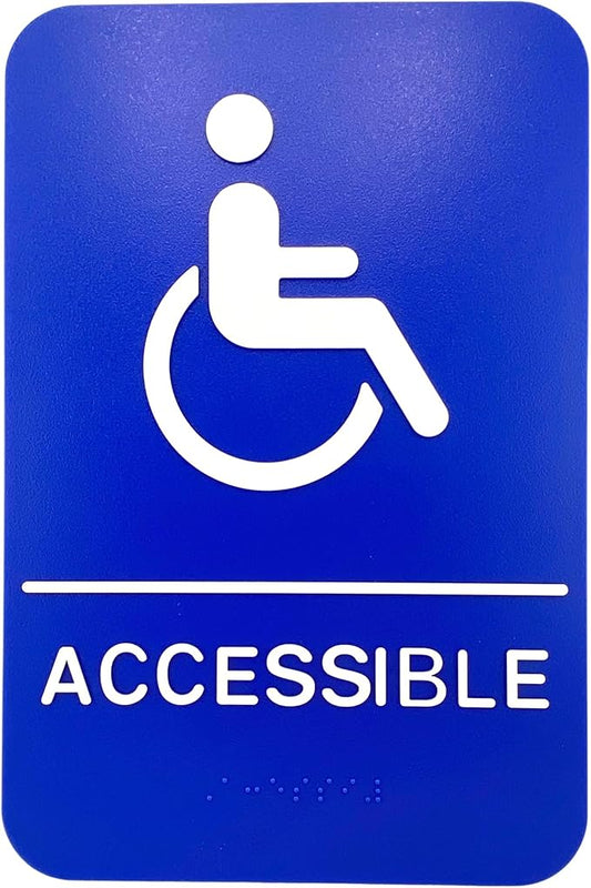 ADA Handicap Accessible Compliant Sign with Braille Sign w/Adhesive Back - Durable and Wipe Clean Plastic - 9"X6" - Blue and White - Business Restaurant Signage - 1 PK
