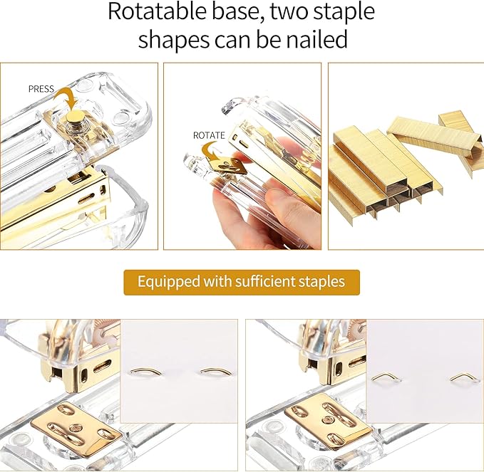 Office Supplies Set Desk Accessory Kit, Acrylic Stapler Set Staple Remover, Tape Dispenser, Binder Clips, Paper Clips, Ballpoint Pen and Scissor with 1000 Pieces 26/6 Staples (Gold)