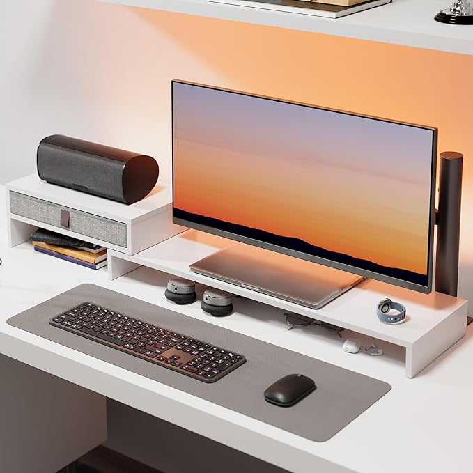 Fenge Computer Monitor Riser Stand with Drawer for 2 or 3 Monitors ,Adjustable Length and Angle Desktop Laptop Stand,Office Organizer,Printer,White