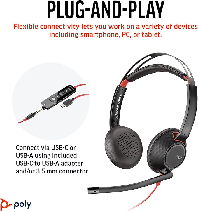 Poly Blackwire 5220 Wired Headset (Plantronics) Flexible Noise-Canceling Boom Mic Ergonomic Design - PC/Mac, Mobile via USB-C, USB-A, 3.5mm - Works w/Teams, Zoom - Amazon Exclusive (9P7X6AA)