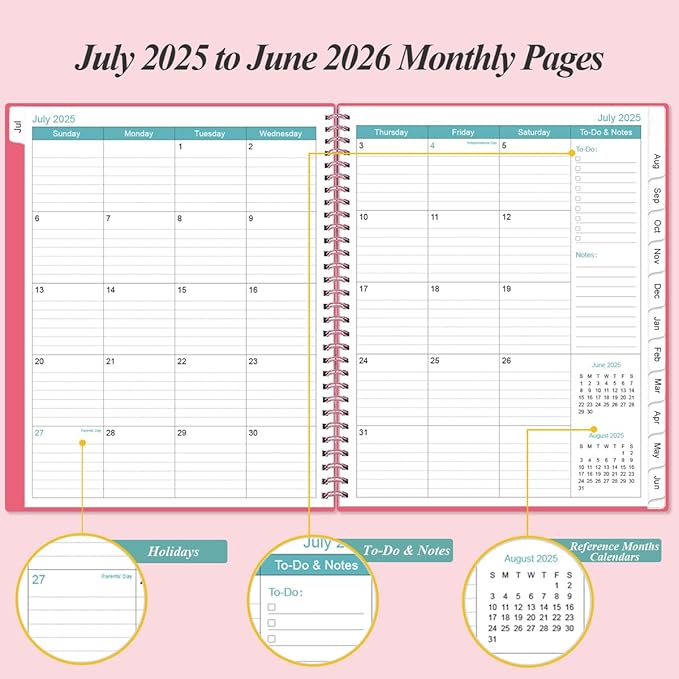 Planner 2025-2026 - Academic Planner 2025-2026 from July 2025 to June 2026 with 12 Monthly Tabs, Flexible Cover, Inner Pocket, 8.5" x 11", Pink