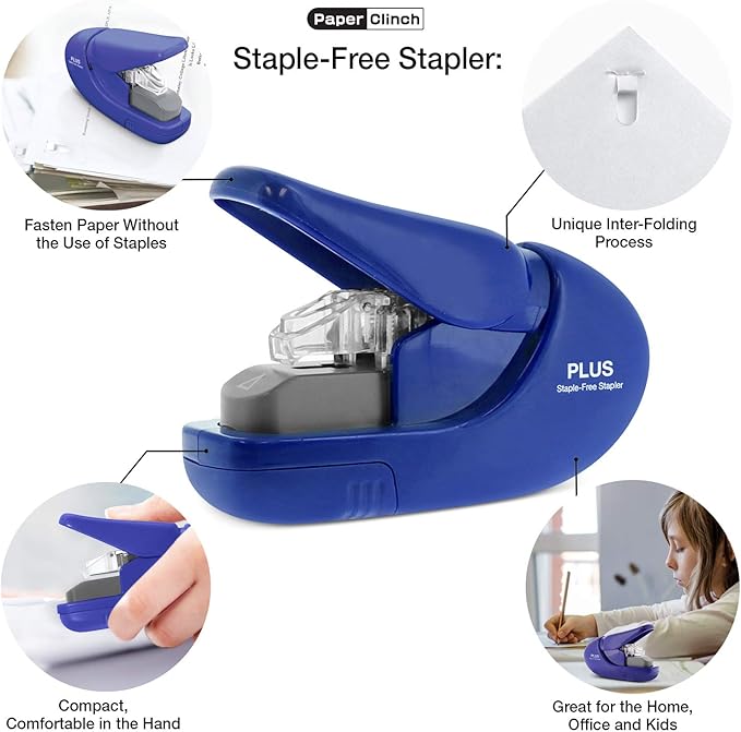 PLUS Paper Clinch Compact Staple-Free Stapler – Fastens up to 5 Sheets, No Staples Needed, Eco-Friendly, Safe for Kids, Blue