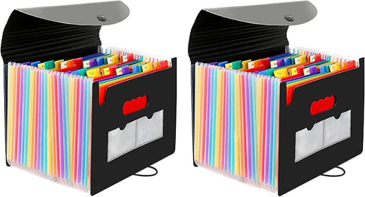 CHEPULA 2 Pack 24 Pockets Accordion File Organizer, A4 Multicolored Expanding File Folder, Large Capacity File Organizer Expandable Folder with Expandable Cover Document Organizer File Box